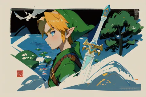 impressionism,rainerism,the legend of zelda, hero link with the master sword in hand、a scene looking out over the land of hyrule...