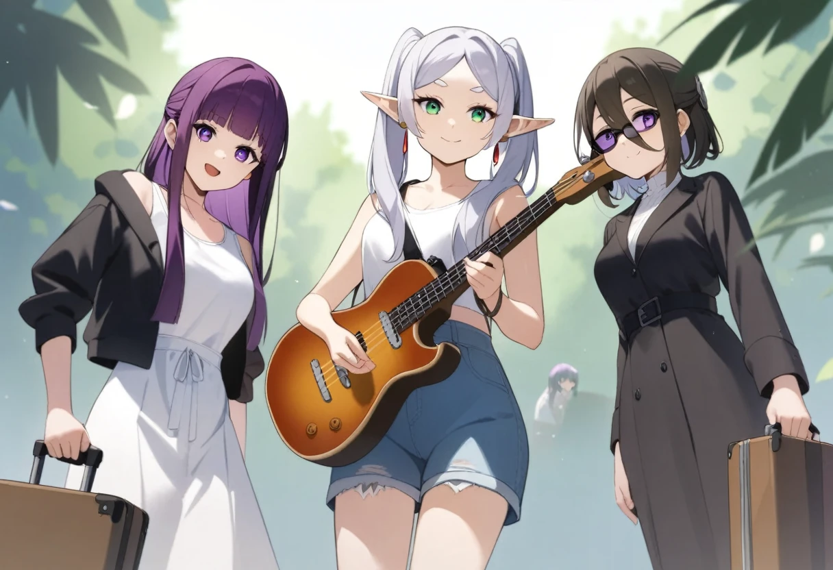 masterpiece,best quality,3girls, fern \(sousou no frieren\), frieren, Ubel\(sousou no frieren\), feet out of frame, holding bass and guitar, looking at viewer, smile, closed mouth, open mouth, black jacket, tanktop,frayed denim,sunglasses,earrings,highres, invisible chair, sousou no frieren, suitcase