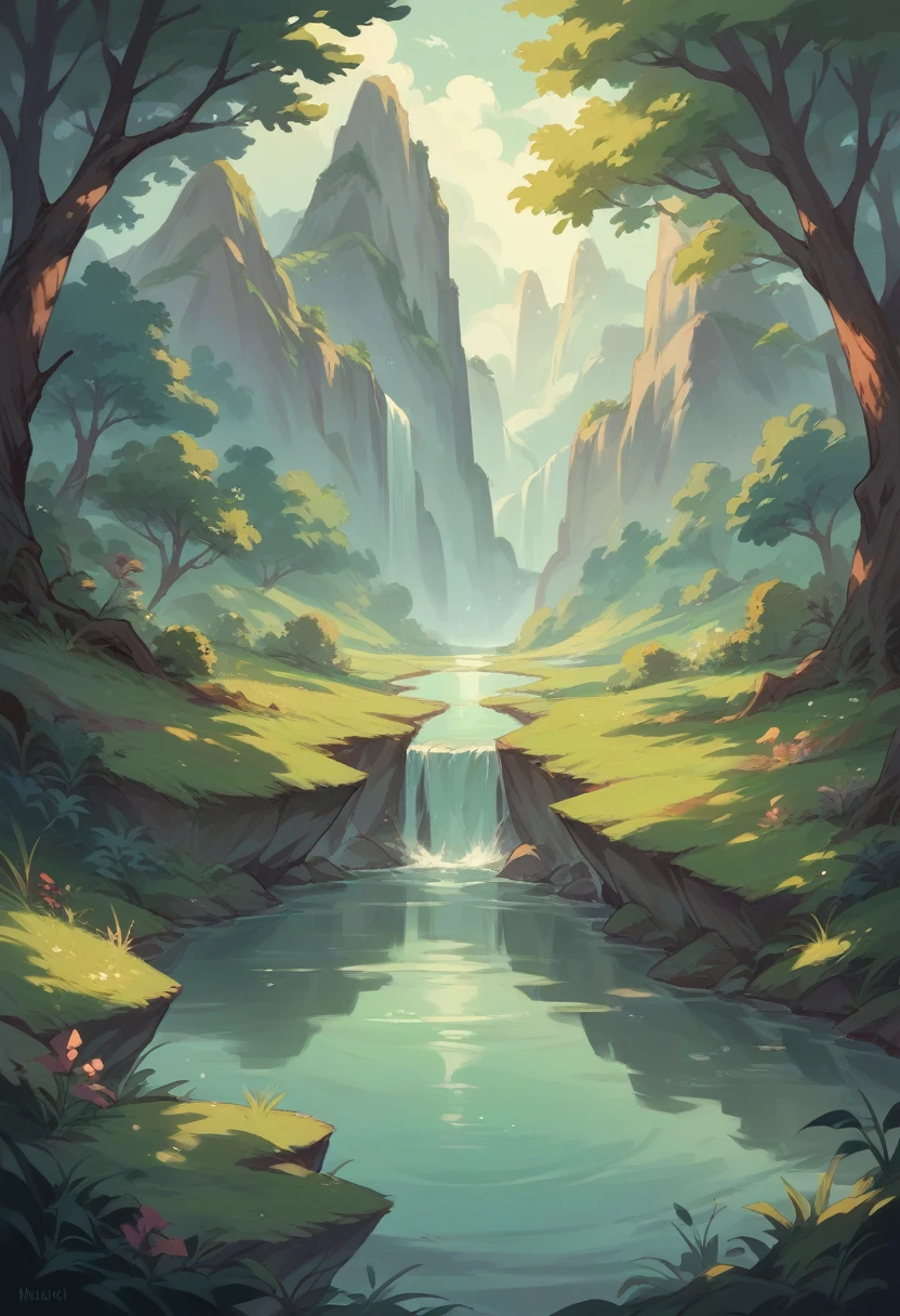 An animation of a green wide meadow with majestic river flowing from north to south