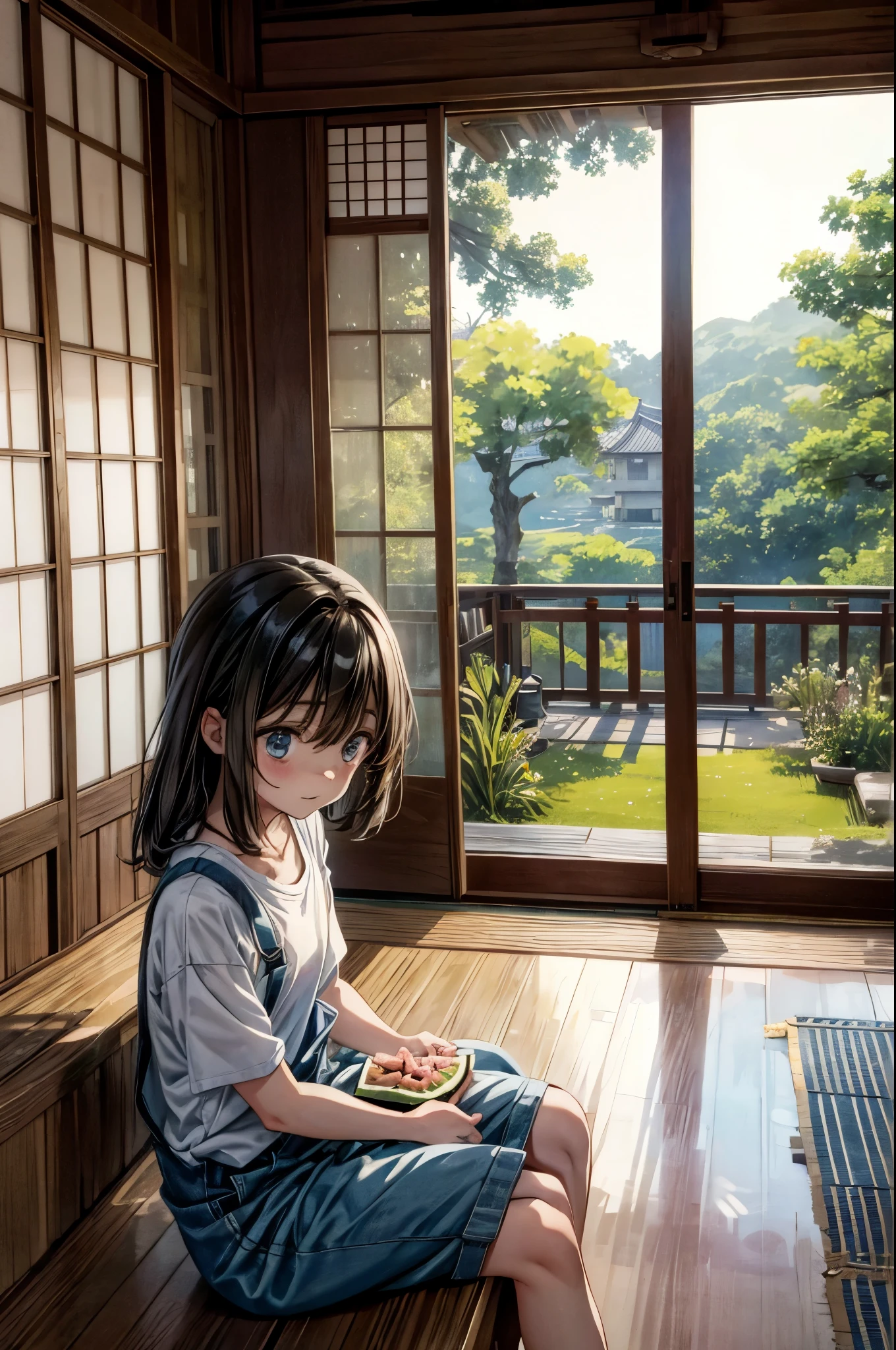 Anime illustration of a scene from summer vacation. There is a veranda in a Japanese-style room in a house in the countryside, and they are sitting there eating watermelon and laughing. There is a wind chime in the Japanese room, a cool breeze blows in, sunlight sways, daytime, digital art, octane tempo style, pastel with a blue atmosphere, overall particle light, cowboy shot, dynamic angle, baggy wearing a large white T-shirt