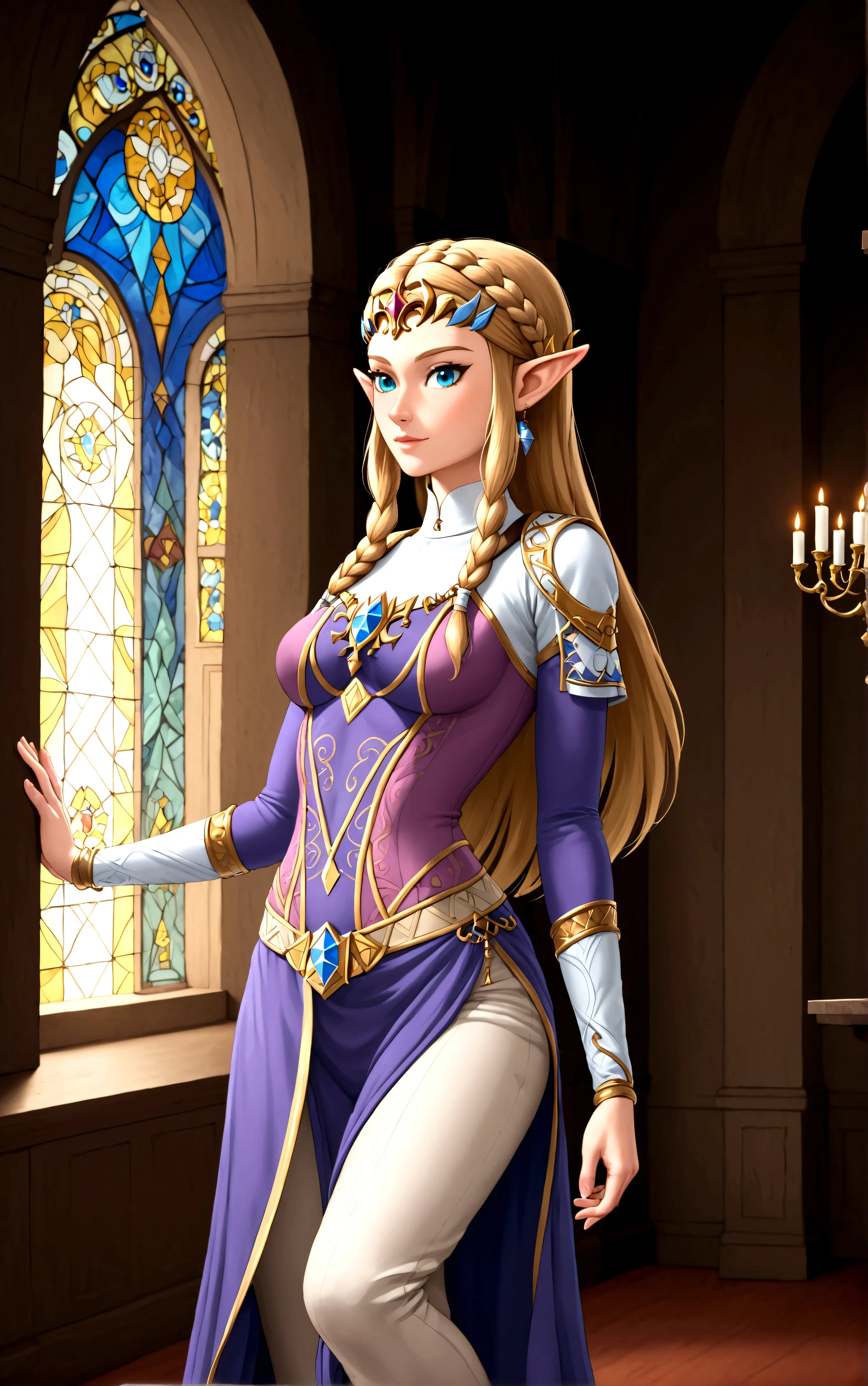 cate blanchett (age 25, elf ears, twilight princess zelda costume), heroic pose, lavish room with stained glass