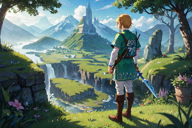 Impressionism,Rainerism,The Legend of Zelda, Hero Link with the Master Sword in hand、A scene looking out over the land of Hyrule。In the background is a vast grassland and Death Mountain in the distance.、There&#39;s a bright light in the sky。Link looks brave.、Confident。