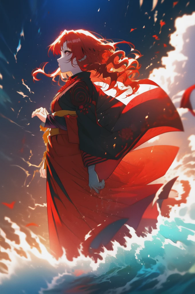 Redhead girl with wavy hair, visiting akatsuki outfit 