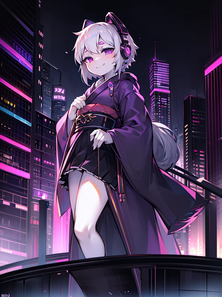 One, kimono, a femboy, White hair, purple eyes, wear a white sweatshirt -  SeaArt AI