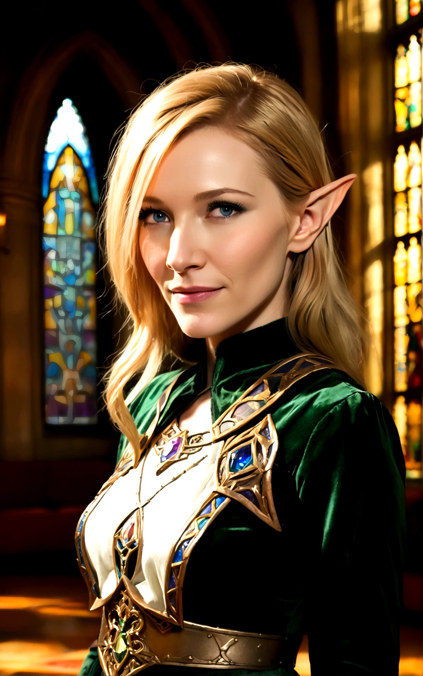 high quality portrait of Cate Blanchett, 25 years old, elf ears, wearing Twilight princess Zelda costume, heroic pose, lavish room with stained glass, extremely detailed face and eyes, intricate costume details, dramatic lighting, photorealistic, vibrant colors, cinematic, fantasy, award-winning digital art
