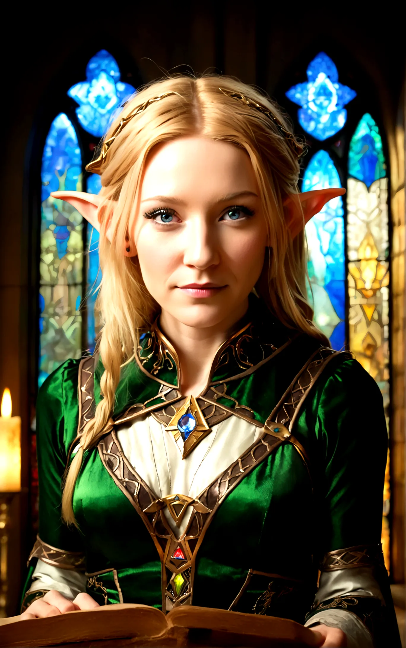 high quality portrait of cate blanchett, 25 years old, elf ears, wearing twilight princess zelda costume, heroic pose, lavish ro...