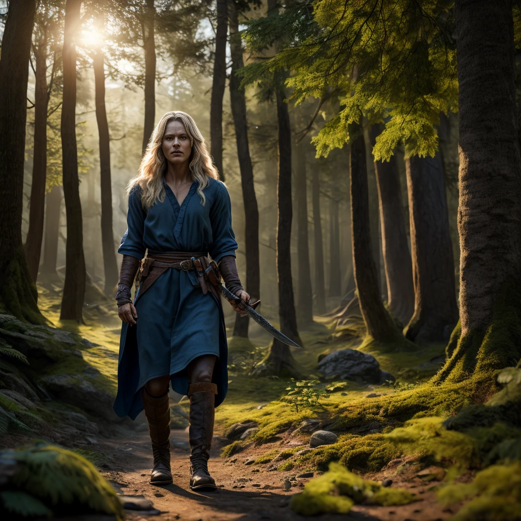 A beautiful detailed fantasy landscape, a young woman with long flowing blonde hair, piercing blue eyes, delicate facial features, wearing a green tunic and brown leather boots, standing in a lush forest clearing, holding a mystical sword, sunlight filtering through the trees, (best quality,4k,8k,highres,masterpiece:1.2),ultra-detailed,(realistic,photorealistic,photo-realistic:1.37),fantasy art,digital painting,cinematic lighting,dramatic shadows,vibrant colors,intricate details