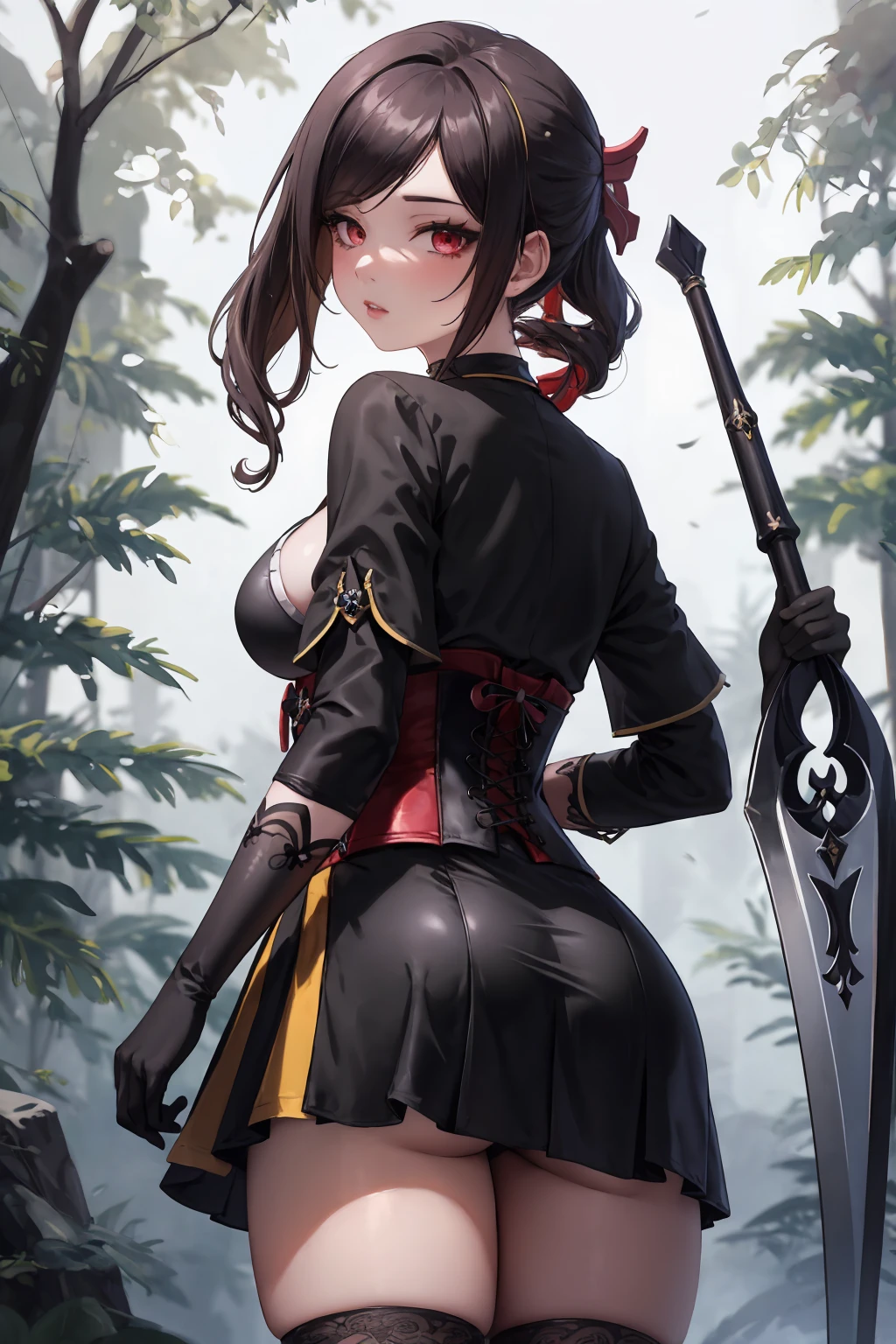  Masterpiece, Beautiful art, professional artist, 8k, Very detailed face, Detailed clothing, detailed fabric, 1 girl, Chiori \(genshin impact\), view from behind, perfect ass, standing, perfectly drawn body, big breasts, shy expression, pale skin, beautiful face, long black hair, 4k eyes, very detailed eyes, pink cheeks, choker:1.6, (white collar button down long sleeve shirt), black gloves, gloves that cover hands, (holds an ax with his right hand), (black leather corset), (shiny black tight mini skirt), Sensual Lips , evening de invierno, show details in the eyes, looking at the viewer, Dark road, dark forest, evening, Atmosphere, fog