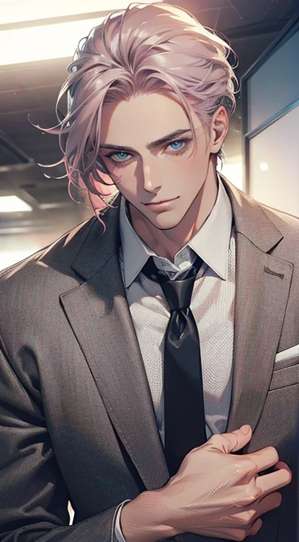 (Highest quality,4K,8K,High resolution,masterpiece:1.2),Super detailed,(Realistic,photoRealistic,photo-Realistic:1.37),1 personld,Mature Men,Beautiful skin、very handsome,Expressionless,smile,Short gray pink hair,blue eyes,Sharp Eyes,A perfect face without a doubt,Businessman,Office Background,Cinema Lighting,HDR image,tie、