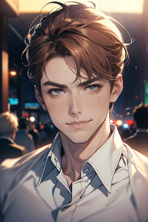 (tmasterpiece, high resolution, ultra - detailed:1.0), (1 male, masculine face, 31 years, CEO), Perfect male body, tall and strong, Adult male, Delicate eyes and delicate face, Extremely detailed CG, Unity 8k wallpaper, Complicated details, Detailed face, (short brown hair, short  hair, smile in love faces, blur eyes, white shirts,), (frown, smile in love:1.3), stad in corporativo, empresa, escritório style, color difference, Depth of field, dramatic shadow, Ray tracing, Best quality, Cinematic lighting, offcial art,Portrait