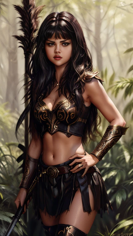 (Selena Gomez) as Xena, warrior princess, black long hair, bangs, dark brown armor, golden patterns, midriff, navel, hihg knee boots on heels, staff, standing, in the forest, 1woman, solo, full body view, front view, looking at viewer, intricate, high detail, sharp focus, dramatic, photorealistic painting art by greg rutkowski