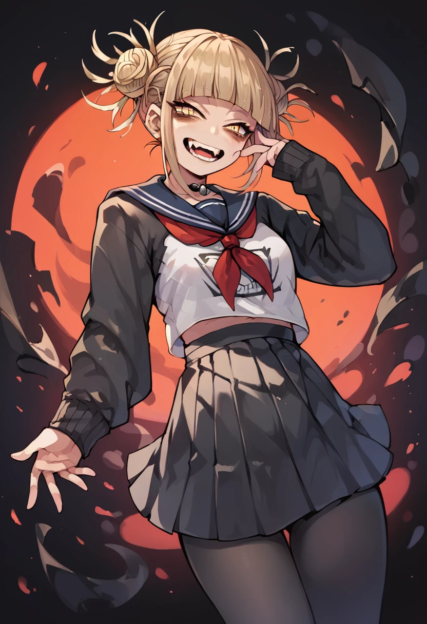 Himiko toga while reaching out and taking a photo and dressed in a sexy gothic black outfit, with black tights and skirt and revealing (whole body) 