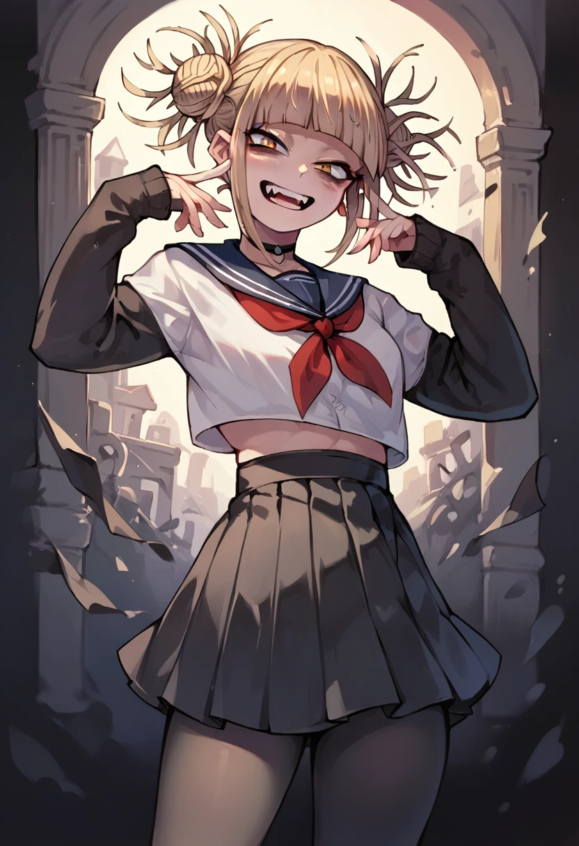 Himiko toga while reaching out and taking a photo and dressed in a sexy gothic black outfit, with black tights and skirt and revealing (whole body) 