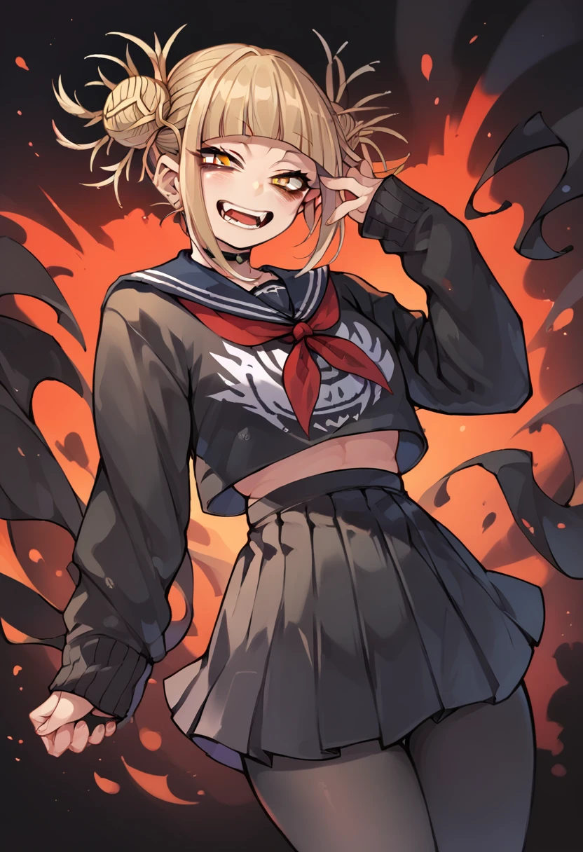 Himiko toga while reaching out and taking a photo and dressed in a sexy gothic black outfit, with black tights and skirt and revealing (whole body) 