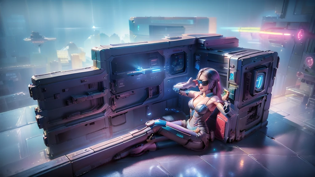 At night, dark sunset, aerial view of cyberpunk city, ((flying vehicle)). (1girl, solo), photo realistic, medium-breast:1.1 slim body, cleavage, sexy clothes, (black sunglasses), (((hip-up aiming pistol pose))), half-body thigh level medium shot, cinematic lighting.