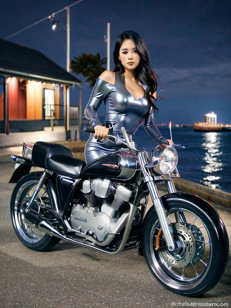 (mesa), tiro de cuerpo completo, foto de toda la moto, Linda mujer joven en Japón, Conduce una vieja y tradicional motocicleta plateada metálica brillante en el muelle., forma glamorosa, Cabello castaño claro liso y brillante hasta los hombros, Vistiendo una chaqueta de montar de cuero negro, Bikini rojo satinado brillante bajo chaqueta de montar, Guantes de montar de cuero negros, pantalon negro de cuero, Botas largas de tacón alto de cuero negro, mirando la vista nocturna sobre el mar, cara absolutamente bonita, párpados dobles, maquillaje natural, Pestañas largas, labios brillantes, resolución 8k, detalles altos, peinado detallado, cara detallada, ojos negros, elegante, épico, iluminación cinematográfica, renderizado de octanaje, vibrante, Híper realista, piel blanca, Extremidades perfectas, anatomía perfecta