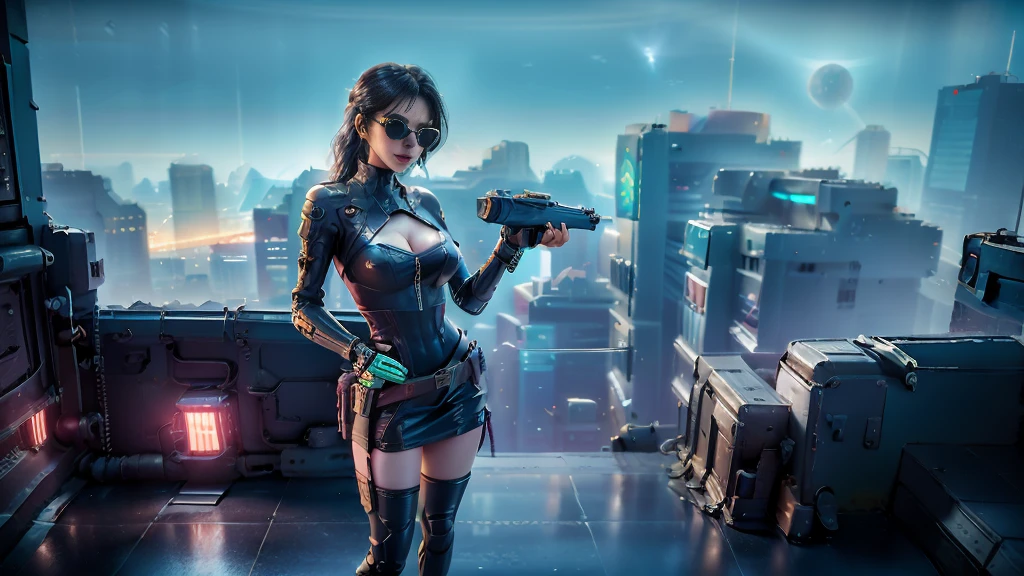 At night, dark sky, aerial view of cyberpunk city, ((flying vehicle)). (1girl, solo), photo realistic, medium-breast:1.1 slim body, cleavage, sexy clothes, (black sunglasses), (((hip-up standing aiming pistol pose))), half-body thigh level medium shot, cinematic lighting.