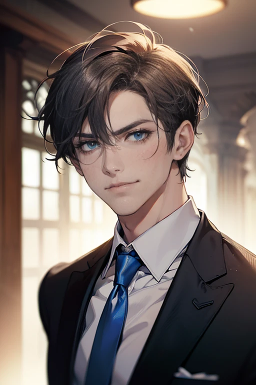 (tmasterpiece, high resolution, ultra - detailed:1.0), (1 male, masculine face, 31 years, CEO), Perfect male body, tall and strong, Adult male, Delicate eyes and delicate face, Extremely detailed CG, Unity 8k wallpaper, Complicated details, Detailed face, (short gray dark hair, short  hair, smile in love faces, blue eyes, white shirts,), (frown, smile in love:1.3), stad in corporativo, empresa, escritório style, color difference, Depth of field, dramatic shadow, Ray tracing, Best quality, Cinematic lighting, offcial art,Portrait