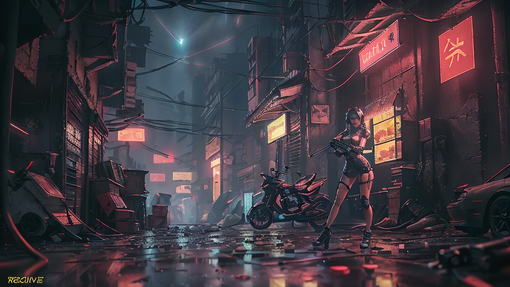 à noite, céu escuro, Vista aérea da cidade cyberpunk, ((veículo voador)). (1 garota, Sozinho), foto realista, peito médio:1.1 corpo magro, decote, roupas sexy, (óculos de sol pretos), (((hip-up em pé, mirando pose de pistola))), meio corpo na altura da coxa, tiro médio, iluminação cinematográfica.