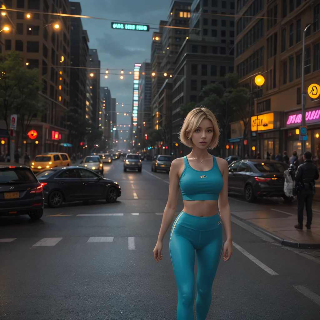 masterpiece, best quality, high quality, extremely detailed 32k unit an enchanting front view, A pretty 40 year old Blonde haired woman, she is standing out side Futuristic Building at night, she is wearing  teal leggings and a crop top, her hair is Choppy Bob hair style, she looks beautiful in the glow of the street lights,(best quality ,photorealistic)
