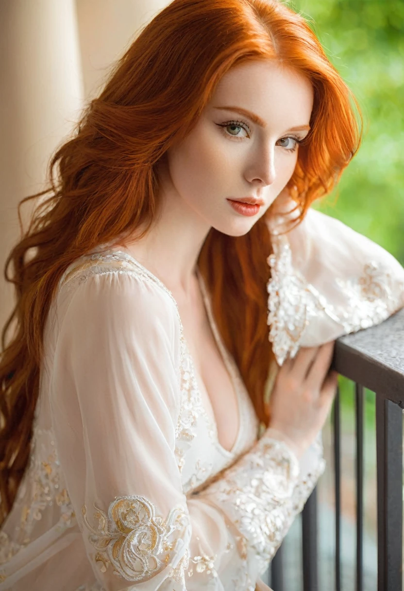 A stunning close-up of Anna Nikonova, also known as NewMilky, captures the ravishing allure of Amouranth's fiery locks. Soft, golden lighting caresses her porcelain complexion and highlights her luscious red hair. Framed against a serene balcony backdrop, she strikes a sultry pose, showcasing her enviable cleavage. The camera's gentle focus on her radiant features leaves no doubt - this young beauty is a jaw-dropping redhead goddess.