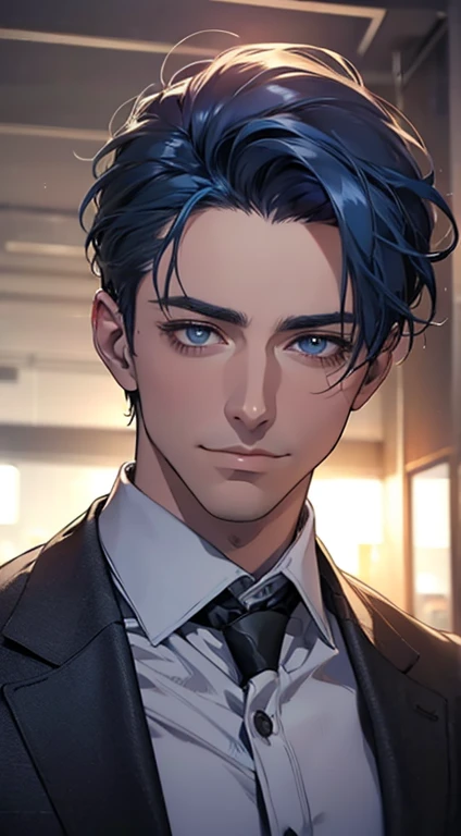 (best quality,4k,8k,highres,masterpiece:1.2),ultra-detailed,(realistic,photorealistic,photo-realistic:1.37),1 man,3,mature man,very handsome,without expression,smile,short blue hair,blue eyes,penetrating gaze,perfect face without errors,imposing posture,businessman,office background,cinematic lighting,hdr image