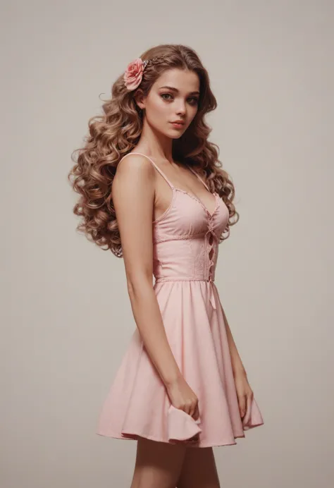 a sexy (young:1.3) girl, pretty face:1.3, fashion, sexy breasts:0.4, fashion [wavy|fluffy|wavy] hair, simple background, pink su...