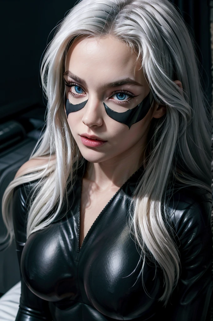 Black cat from marvel, realistic, age 25, pure white skin, blue pupils, white long hair, perfect face, perfect shape body, large breasts, black suit, black mask, ultra realistic, 8k hd, detailed, posing to viewer. 