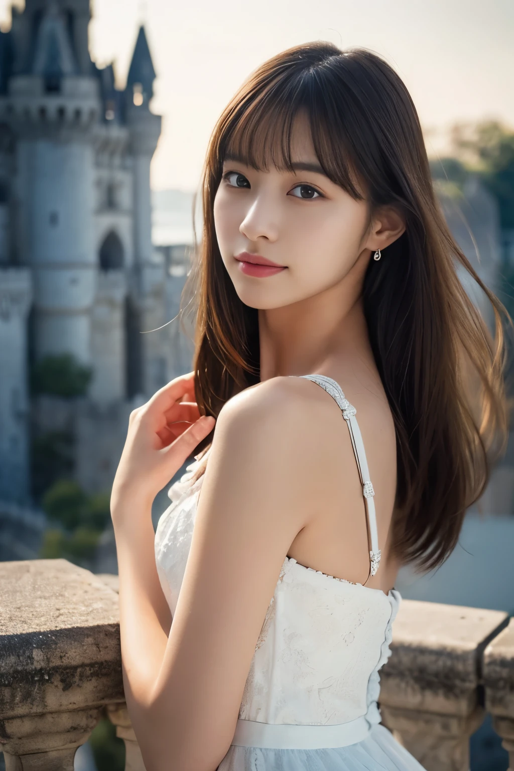 1 girl, (wearing a white dress:1.2), (RAW photo, highest quality), (realistic, Photoreal:1.4), very delicate and beautiful, very detailed, 2k wallpaper, wonderful, finely, Very detailed CG Unity 8K 壁紙, Super detailed, High resolution, soft light, beautiful detailed girl, very detailed目と顔, beautifully detailed nose, Finely beautiful eyes, cinematic lighting, (castles of the loire:1.3), , perfect anatomy, slender body, 
straight semi-long hair, looking at the viewer, slight smile