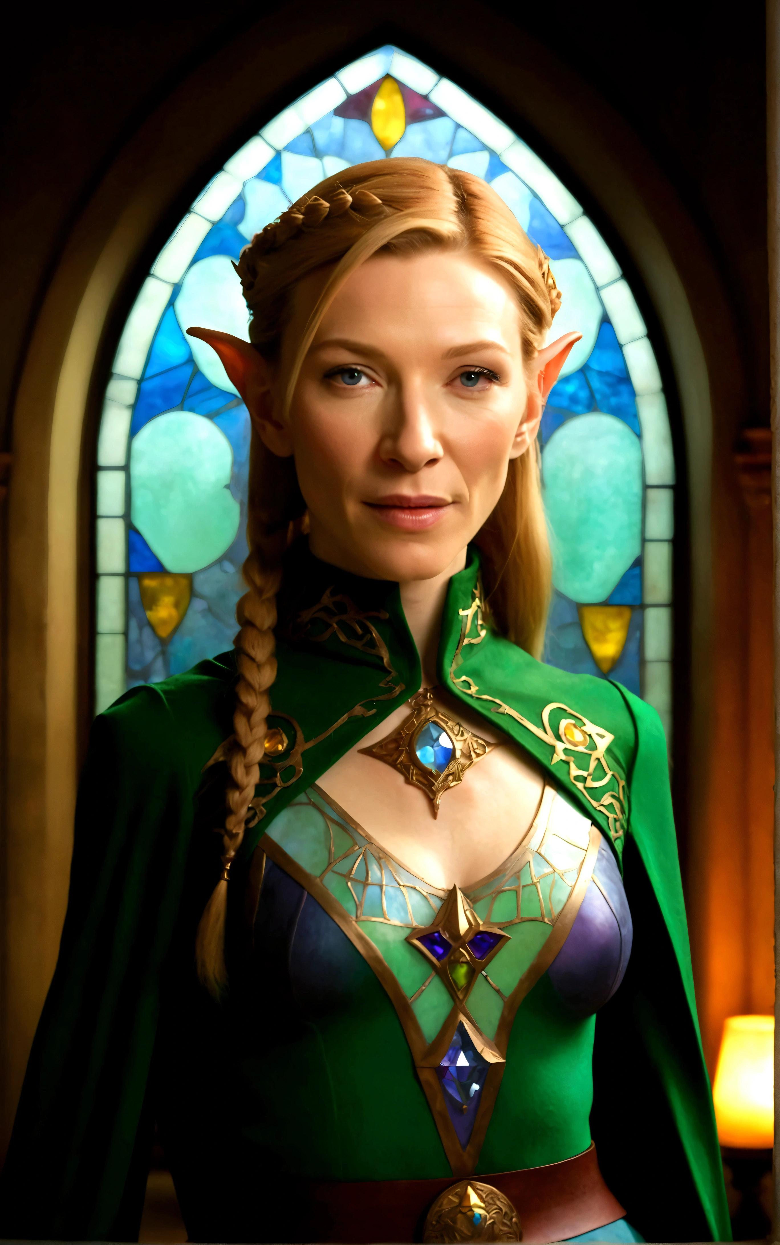 high quality portrait of Cate Blanchett, 25 years old, elf ears, wearing Twilight princess Zelda costume, heroic pose, lavish room with stained glass, extremely detailed face and eyes, intricate costume details, dramatic lighting, photorealistic, vibrant colors, cinematic, fantasy, award-winning digital art
