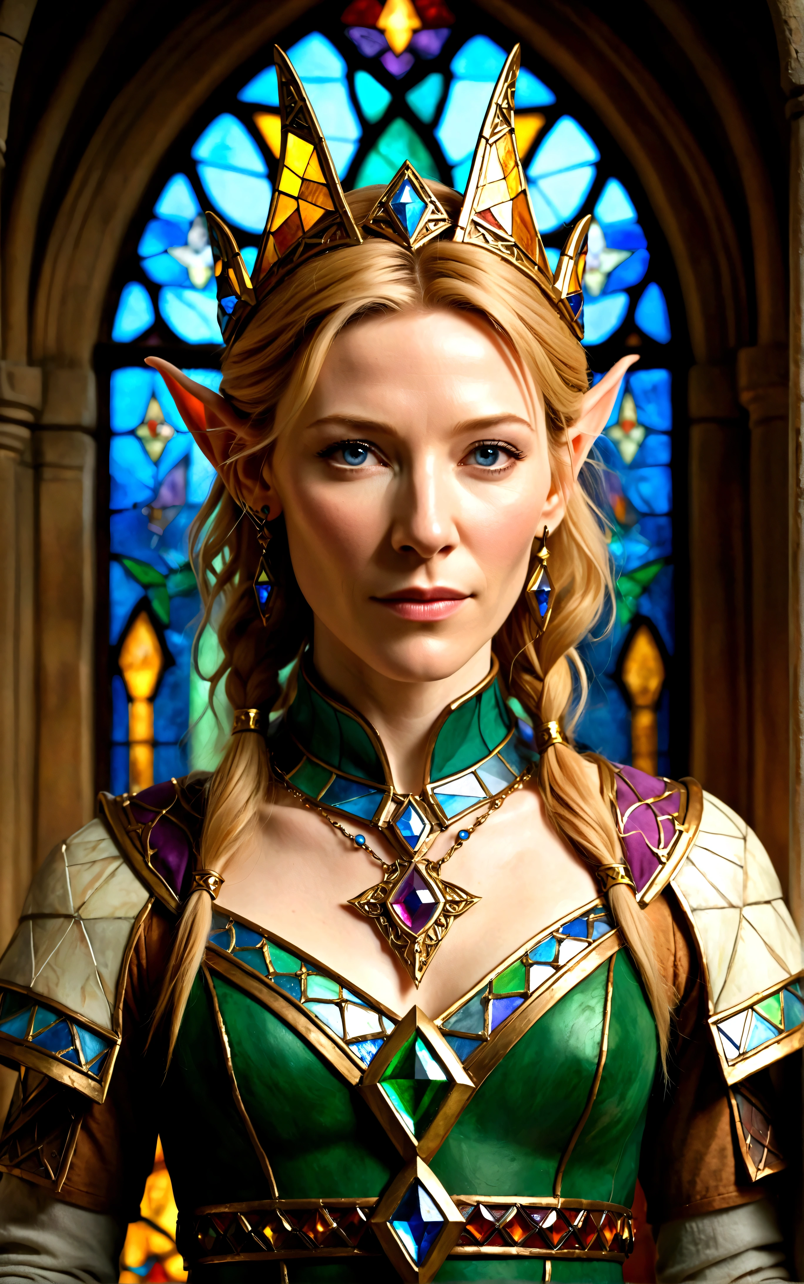 high quality portrait of Cate Blanchett, 25 years old, elf ears, wearing Twilight princess Zelda costume, heroic pose, lavish room with stained glass, extremely detailed face and eyes, intricate costume details, dramatic lighting, photorealistic, vibrant colors, cinematic, fantasy, award-winning digital art