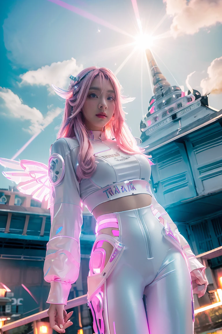 ((masterpiece, best quality, extremely detailed), volumetric lighting, ambient occlusion, colorful, glowing), 
1girl, solo, young girl, (pink hair), long hair, halo, aura, sacred, godness, cyber suit, (white outfit:1.3), android, bot, angel wings,
outdoors, sunset, sky, clouds, space, (cyberpunk theme:1.2), (((THailand:1.5)))