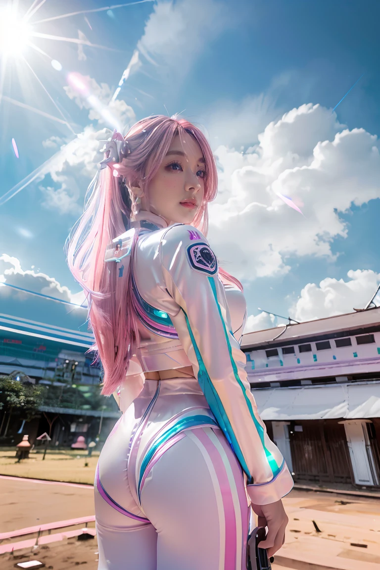 ((masterpiece, best quality, extremely detailed), volumetric lighting, ambient occlusion, colorful, glowing), 
1girl, solo, young girl, (pink hair), long hair, halo, aura, sacred, godness, cyber suit, (white outfit:1.3), android, bot, angel wings,
outdoors, sunset, sky, clouds, space, (cyberpunk theme:1.2), (((THailand:1.5)))