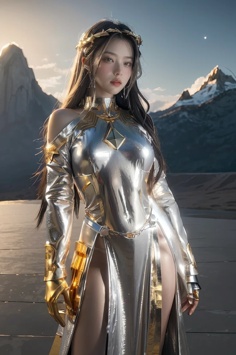 ((masterpiece, best quality, extremely detailed), volumetric lighting, ambient occlusion, colorful, glowing), 1girl, solo, young girl, (dark hair), long hair, halo, aura, sacred, goddess, cleric suit, (silver outfit with gold detailst:1.3), armor, outdoors, sunset, sky, clouds, space, (fantasy theme:1.2),