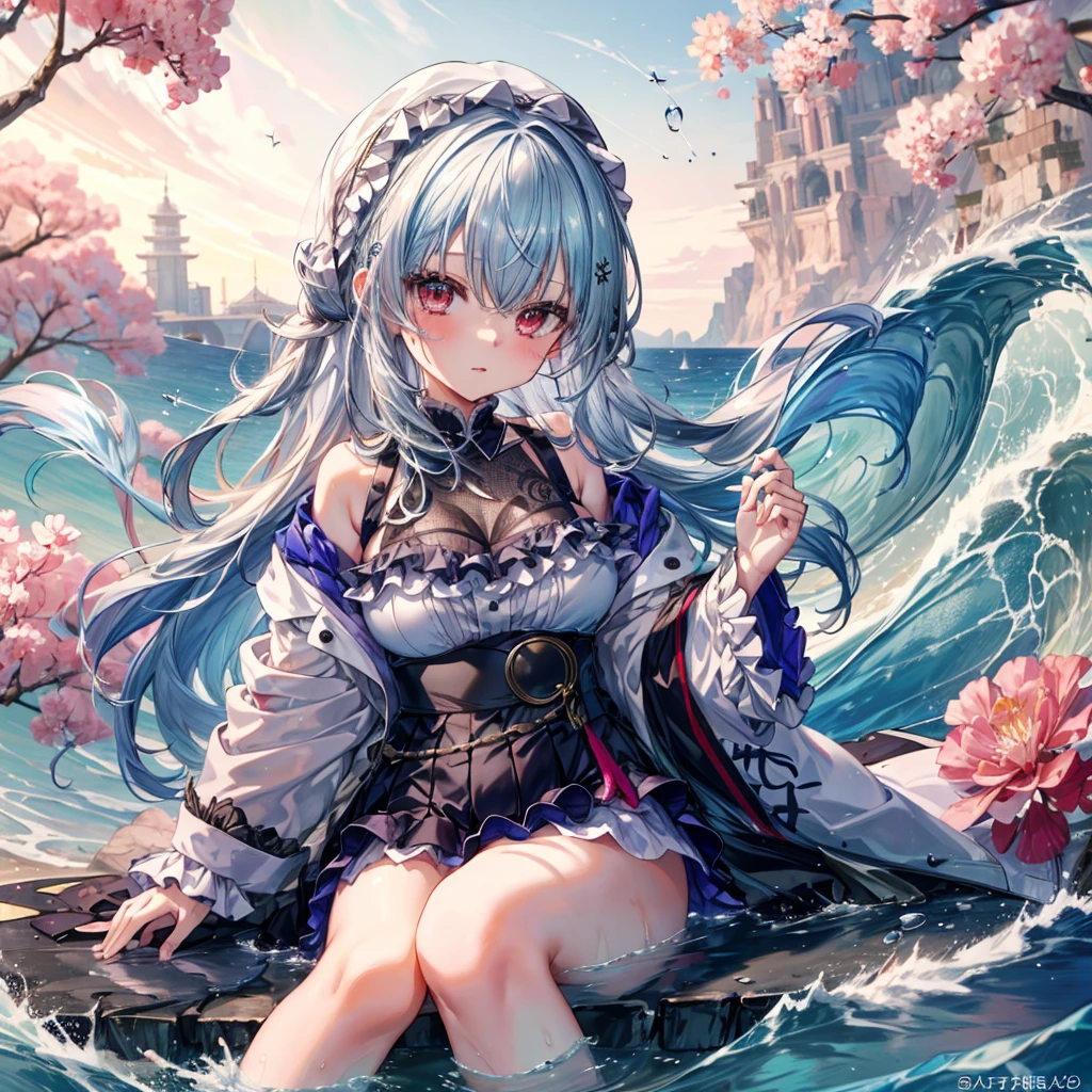 ((Highest quality)), ((masterpiece)), ((detailed)), (4K), a sexy anime girl wearing a 比基尼 in water with waves, 1girl, 独奏, swimsuit, breasts, 比基尼, indigoblue hair, cleavage, navel, water, large breasts, looking at viewer, bangs, frills, frilled 比基尼, sitting, pink 比基尼, long hair