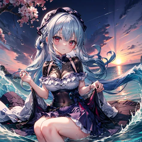 ((highest quality)), ((masterpiece)), ((detailed)), (4k), a sexy anime girl wearing a 比基尼 in water with waves, 1girl, 独奏, swimsu...