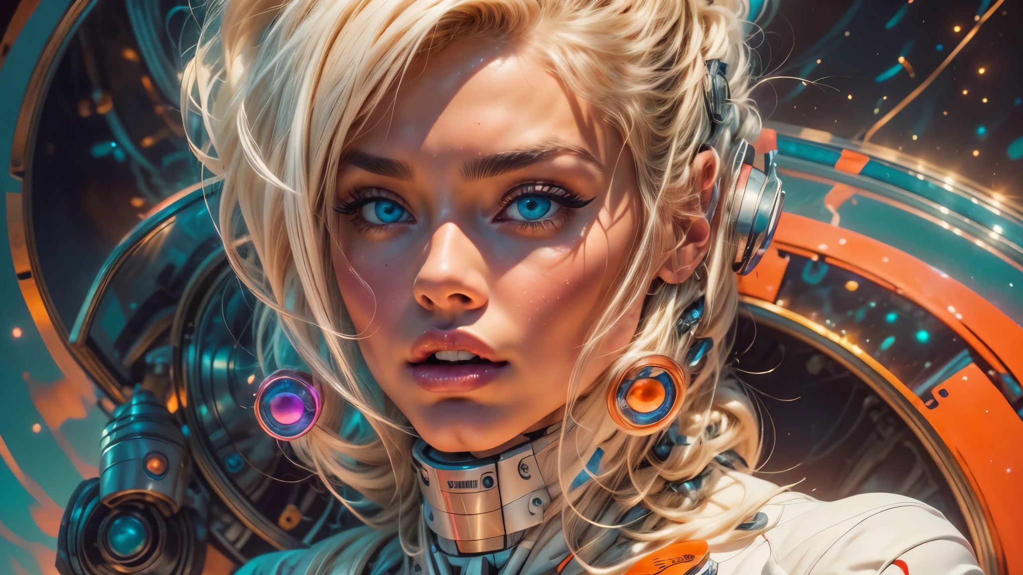 arafed image of a white woman in a futuristic suit with a spaceship in the background, movie art, in front of an orange background, inspired by Robert McGinnis, female protagonist, megastructure in the background, portrait of an ai astronaut, astronauts, an astronaut, portrait of a astronaut skeletor, perfect android girl, Highly Detailed Face and Skin Texture, Detailed Eyes, Double eyelids, perfectly detailed teeth, frank franzzeta and sakimichan  