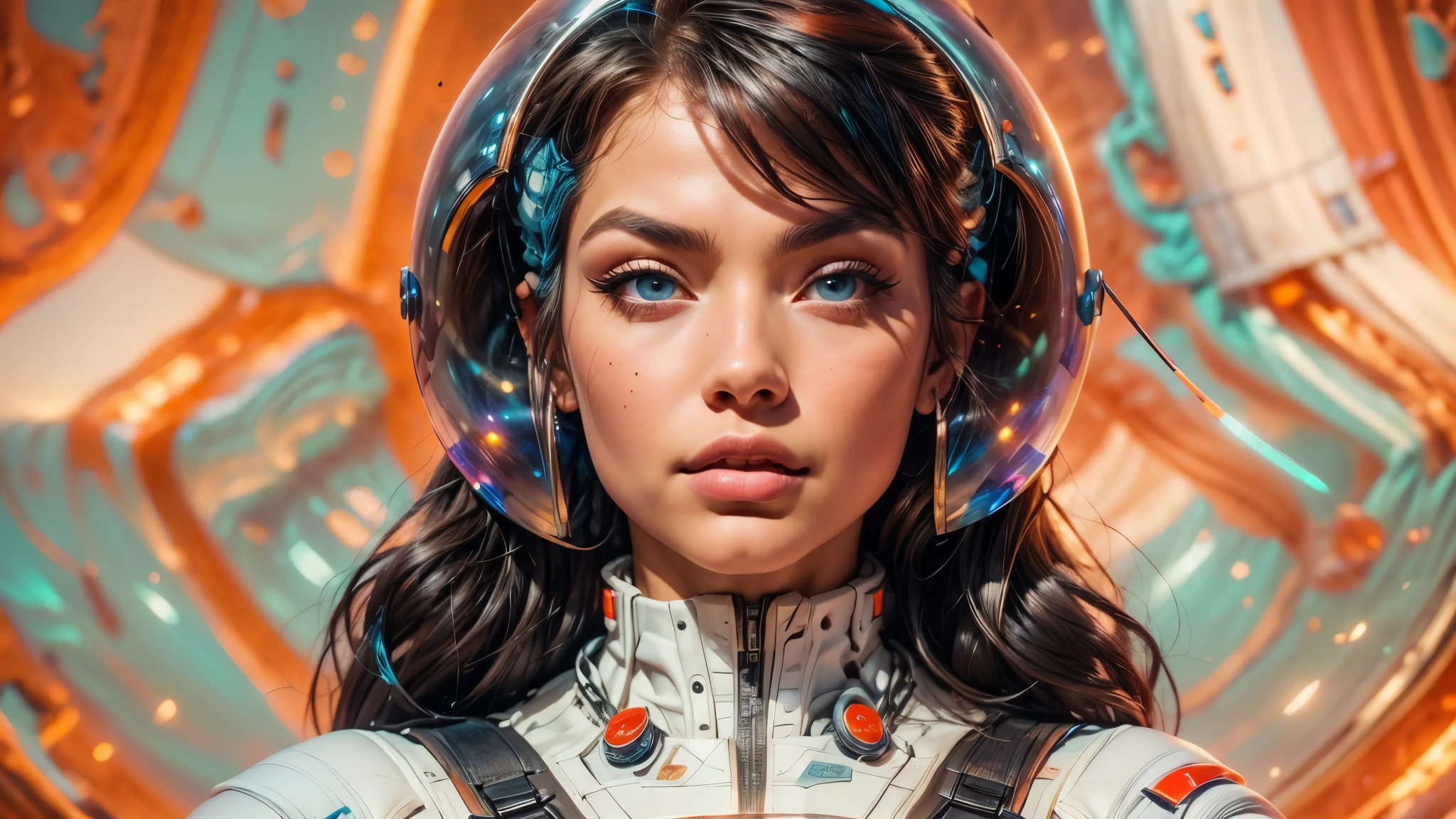 arafed image of a white woman in a futuristic suit with a spaceship in the background, movie art, in front of an orange background, inspired by Robert McGinnis, female protagonist, megastructure in the background, portrait of an ai astronaut, astronauts, an astronaut, portrait of a astronaut skeletor, perfect android girl, Highly Detailed Face and Skin Texture, Detailed Eyes, Double eyelids, perfectly detailed teeth, frank franzzeta and sakimichan  