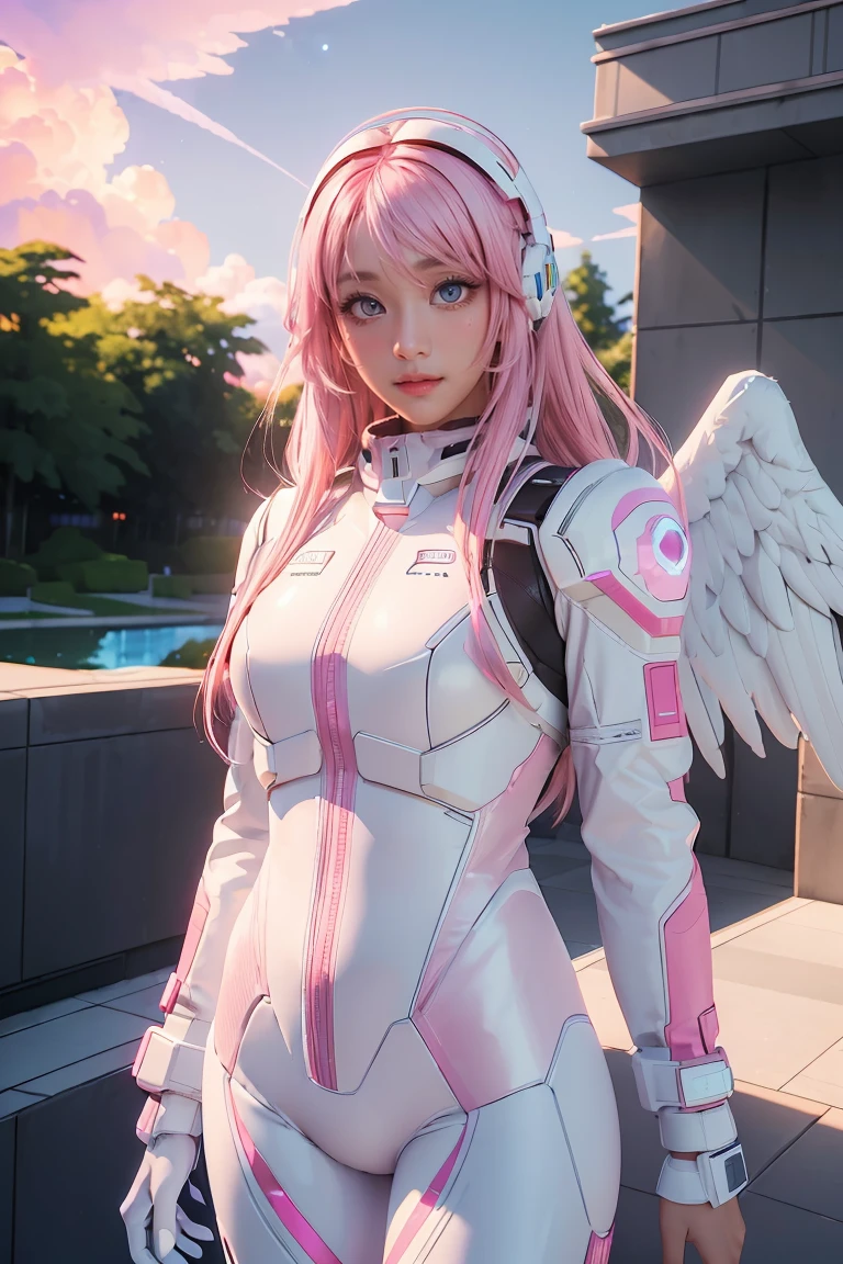 ((masterpiece, best quality, extremely detailed), volumetric lighting, ambient occlusion, colorful, glowing), 
1girl, solo, young girl, (pink hair), long hair, halo, aura, sacred, godness, cyber suit, (white outfit:1.3), android, bot, angel wings,
outdoors, sunset, sky, clouds, space, (The Sims theme:1.2), 