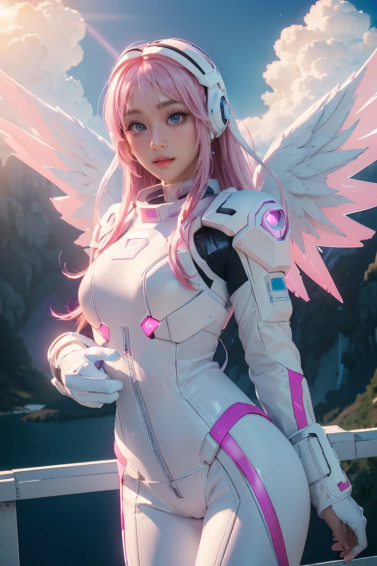 ((masterpiece, best quality, extremely detailed), volumetric lighting, ambient occlusion, colorful, glowing), 
1girl, solo, young girl, (pink hair), long hair, halo, aura, sacred, godness, cyber suit, (white outfit:1.3), android, bot, angel wings,
outdoors, sunset, sky, clouds, space, (The Sims theme:1.2), 