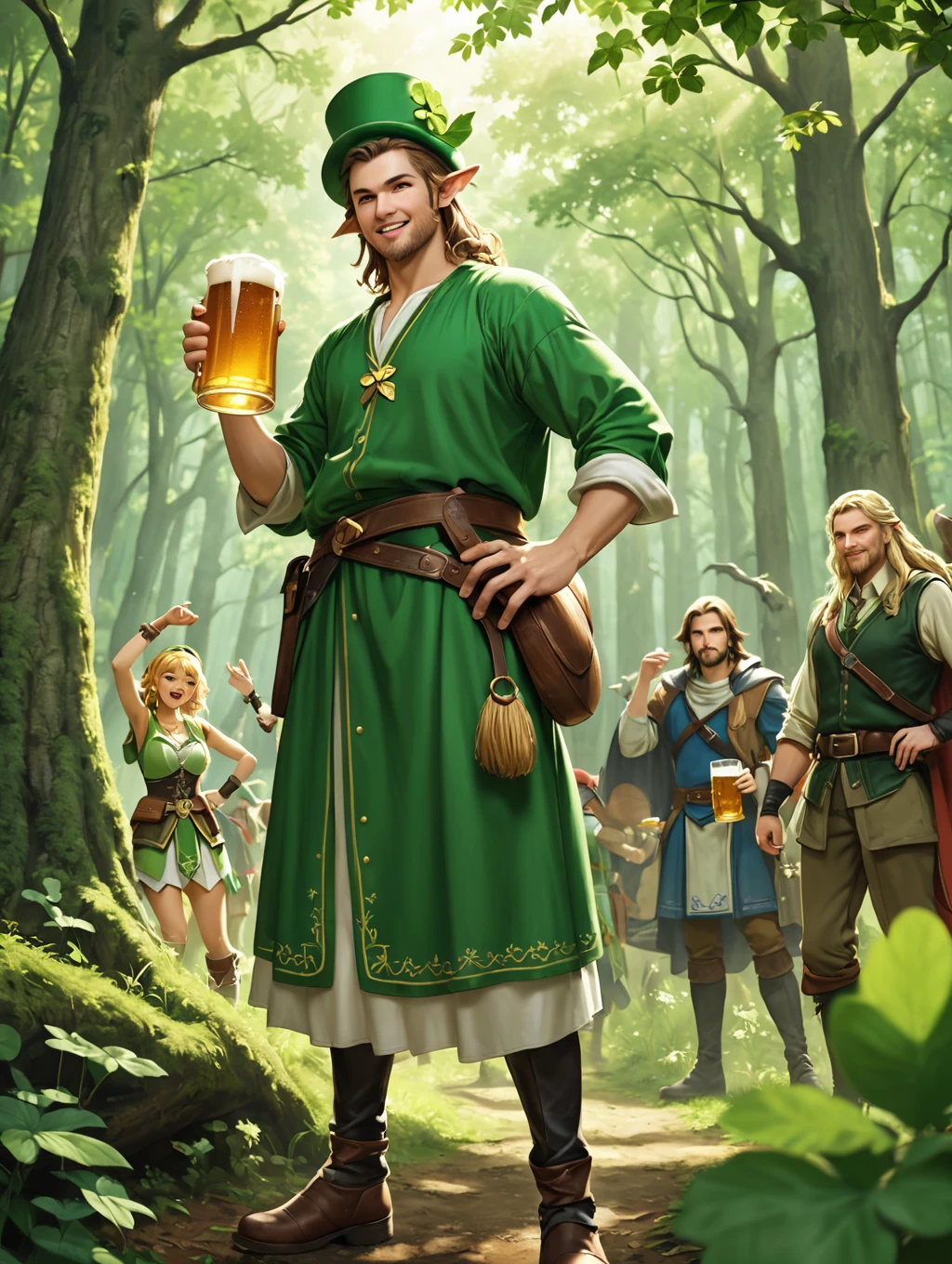 Still from a film in realistic art style，A group of happy The Legend of Zelda characters, (Male and female)Wearing various game culture costumes，They hold beer mugs，Gathering in an ancient forest，There is food and drinks，Celebrate St. Patrick&#39;s Day，Shamrock，Perfect hands，Shooting from above，at night，bad-quality，Low quality，Shallow depth of field，Vignette，Highly detailed，High Budget，Bokeh，Widescreen，Moody，epic，gorgeous，Film Grain，Graininess