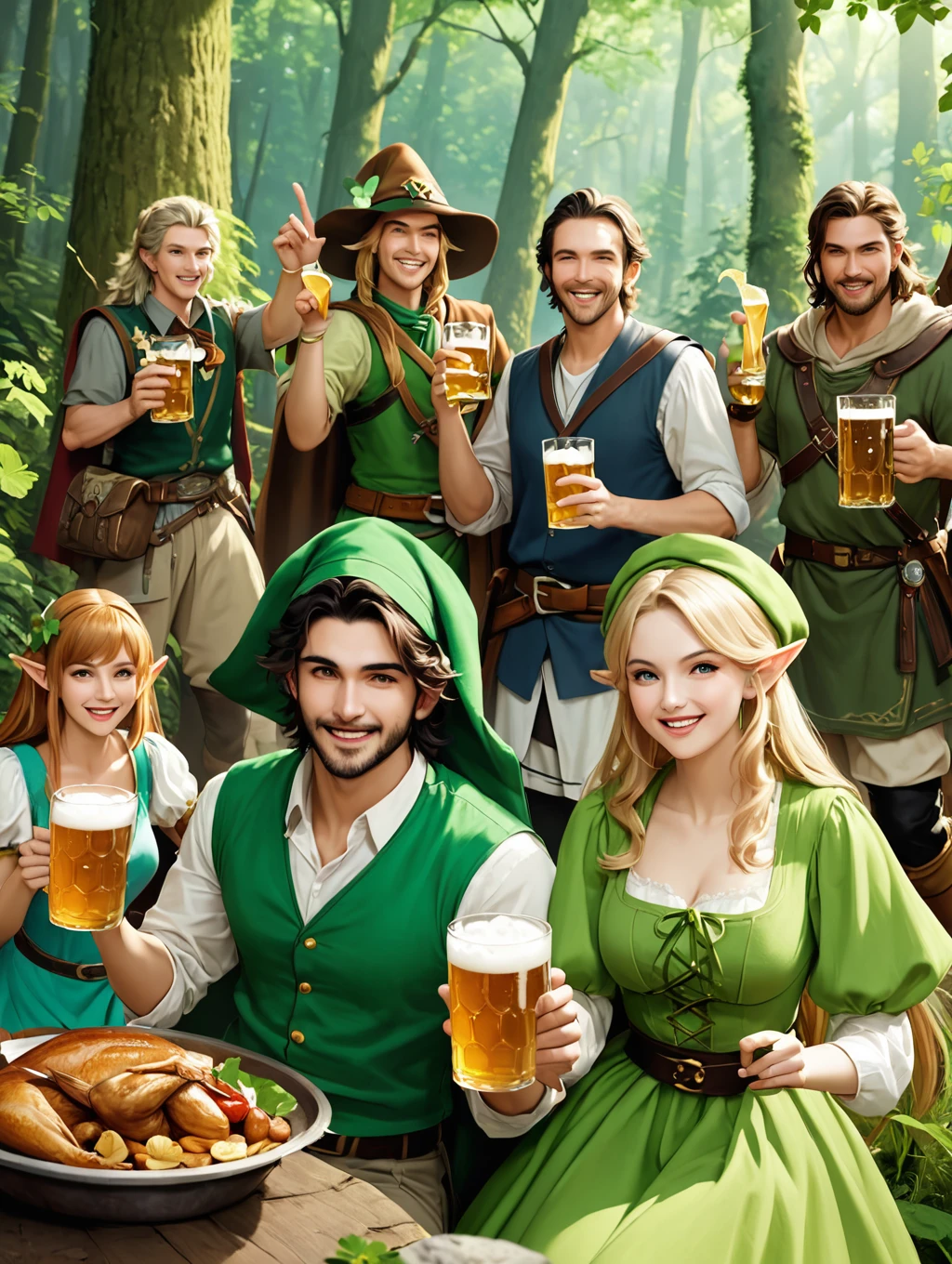 Still from a film in realistic art style，A group of happy The Legend of Zelda characters, (Male and female)Wearing various game culture costumes，They hold beer mugs，Gathering in an ancient forest，There is food and drinks，Celebrate St. Patrick&#39;s Day，Shamrock，Perfect hands，Shooting from above，at night，bad-quality，Low quality，Shallow depth of field，Vignette，Highly detailed，High Budget，Bokeh，Widescreen，Moody，epic，gorgeous，Film Grain，Graininess