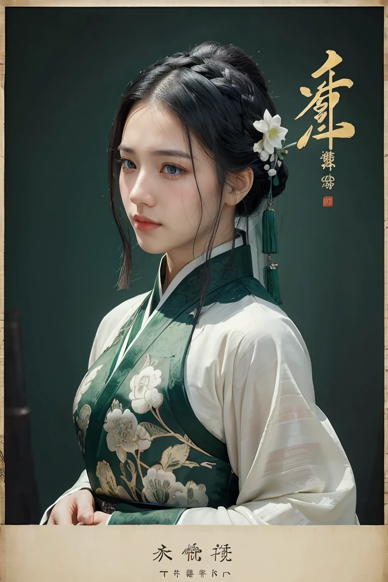 1 girl, heroine, handsome, splashed ink, Chinese armor, (upper body), black hair, floating hair, delicate eyes, black and green antique damask Hanfu, fov, (f1.8), (masterpiece), (portrait shot), front shot, white background, (movie poster), weapon