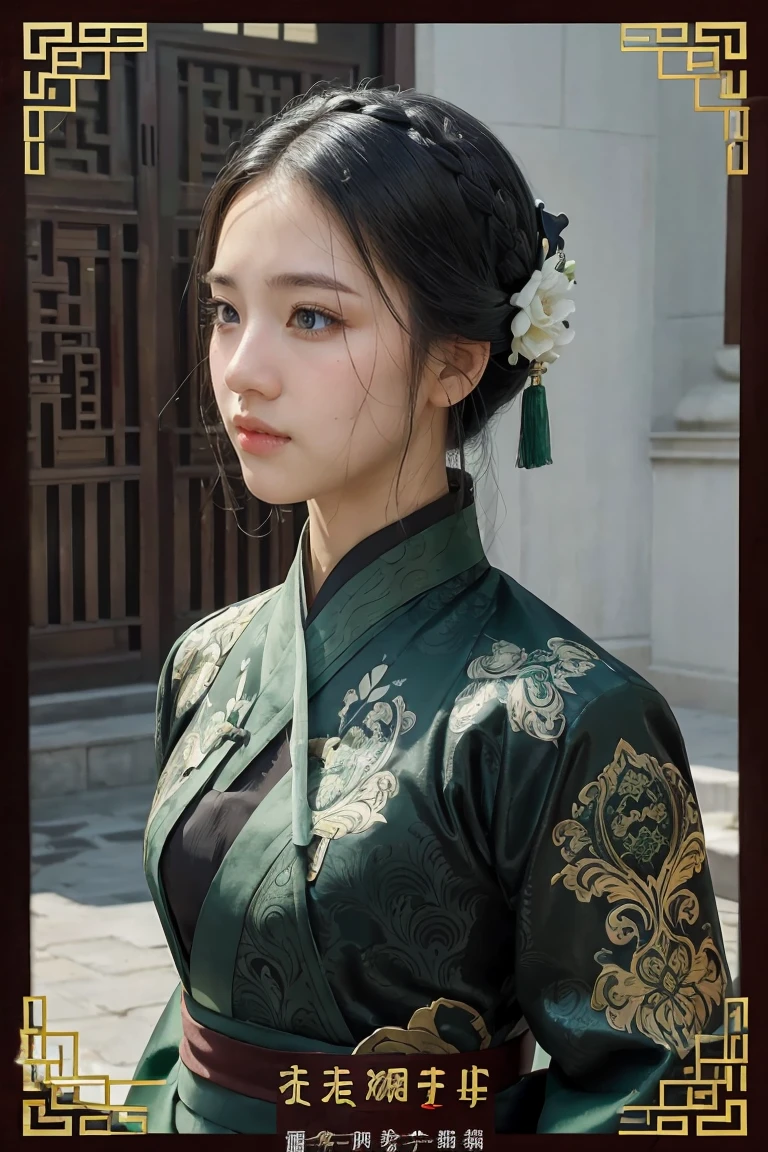 1 girl, heroine, handsome, splashed ink, Chinese armor, (upper body), black hair, floating hair, delicate eyes, black and green antique damask Hanfu, fov, (f1.8), (masterpiece), (portrait shot), front shot, white background, (movie poster), weapon