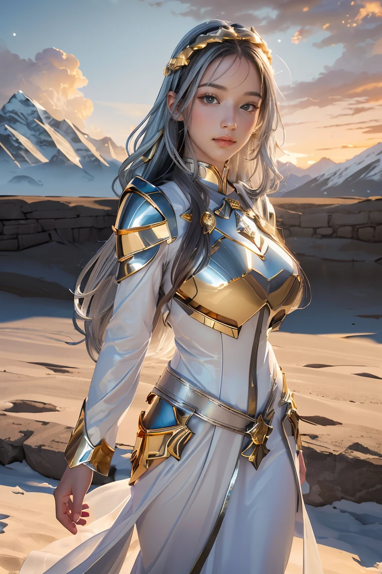 ((masterpiece, best quality, extremely detailed), volumetric lighting, ambient occlusion, colorful, glowing), 1girl, solo, young girl, (dark hair), long hair, halo, aura, sacred, goddess, cleric suit, (silver outfit with gold detailst:1.3), armor, outdoors, sunset, sky, clouds, space, (fantasy theme:1.2),