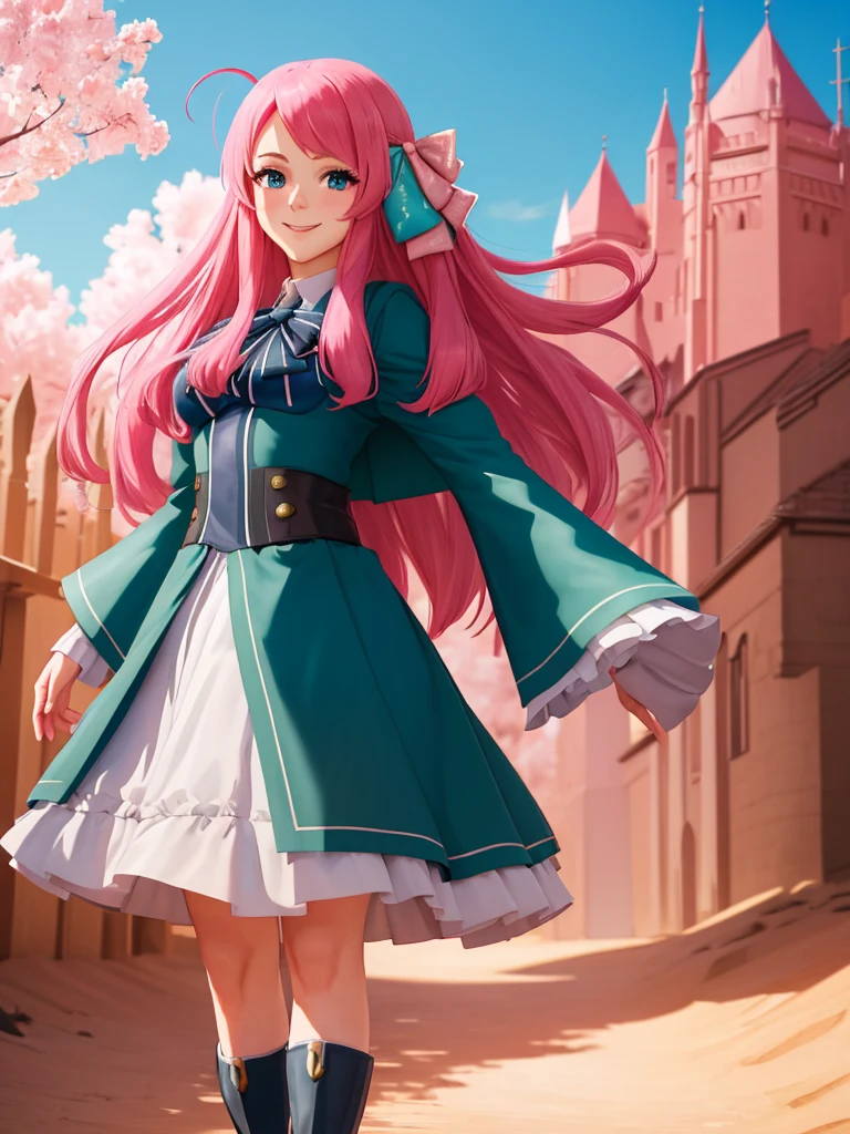 masterpiece, best quality:1.2), 1girl, smile, looking at viewer, blue eyes, pink hair, hair bow, ahoge, sakura minamoto, princess, armor,  pauldrons, armored dress, green cloak cape, wearing puffypink ballgown skirt, armored boots, fingerless gloves, standing in front of desert castle