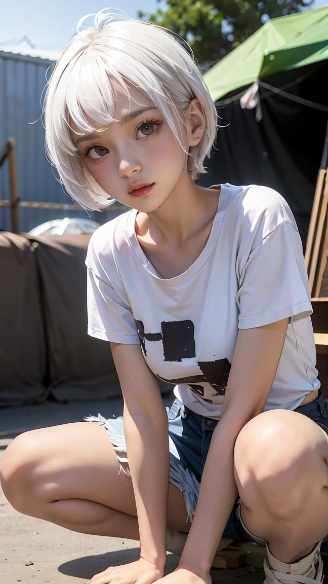 woman with short white hair, fine eyes, tattered short sleeves, refugee camp background, sitting on the ground  