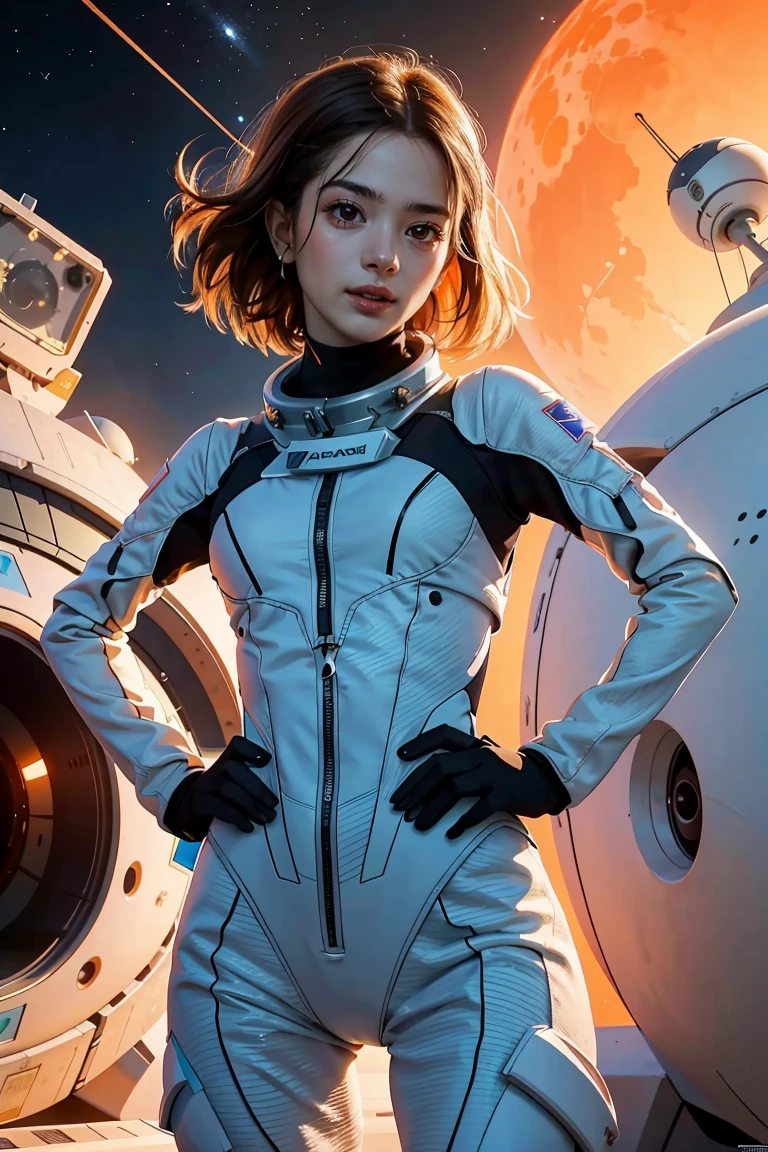 Imagen arafeada de una mujer con un traje futurista y una nave espacial al fondo., arte de la película, frente a un fondo naranja, inspirado en Robert McGinnis, female protagonist, megaestructura en el fondo, retrato de un astronauta ia, astronautas, un astronauta, retrato de un esqueleto de astronauta, perfect android girl, frank franzzeta y sakimichan  