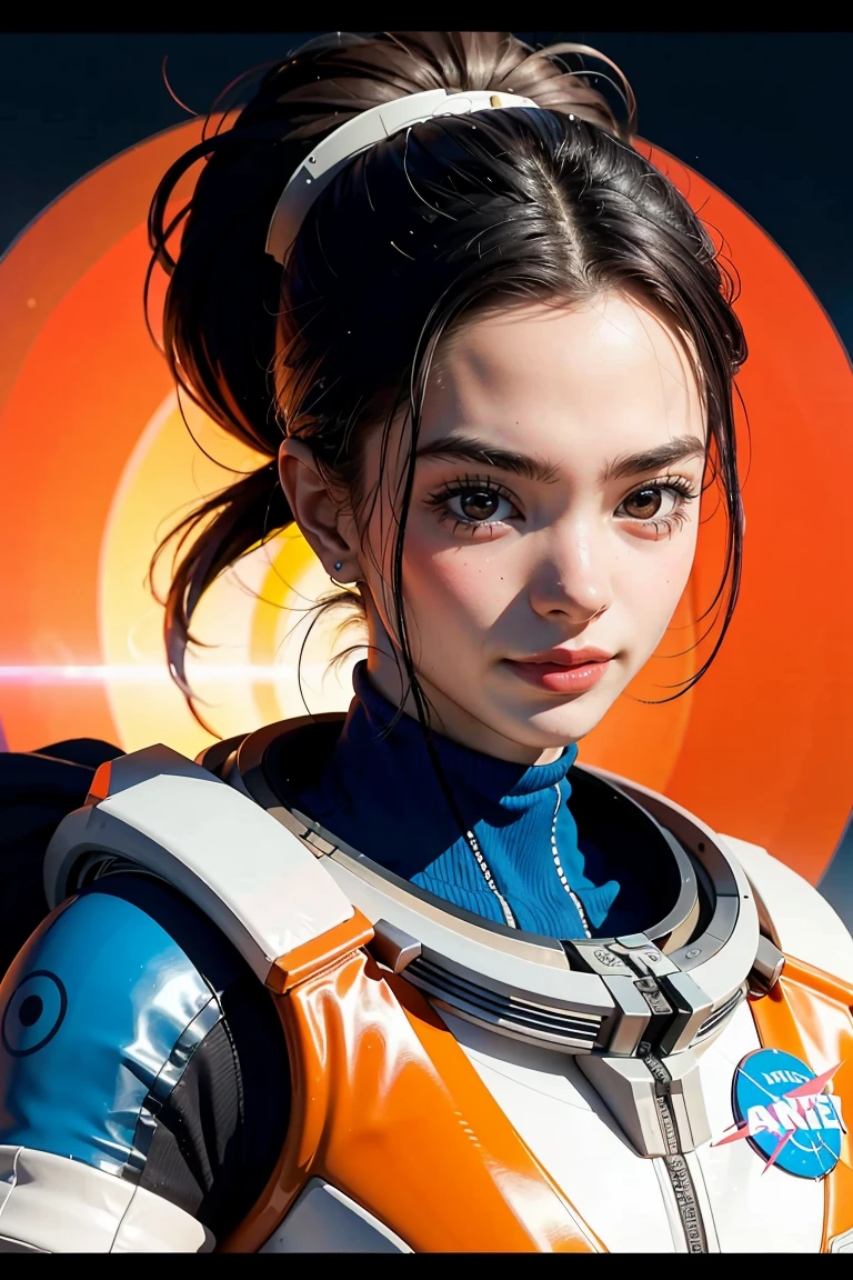 Imagen arafeada de una mujer con un traje futurista y una nave espacial al fondo., arte de la película, frente a un fondo naranja, inspirado en Robert McGinnis, female protagonist, megaestructura en el fondo, retrato de un astronauta ia, astronautas, un astronauta, retrato de un esqueleto de astronauta, perfect android girl, frank franzzeta y sakimichan  