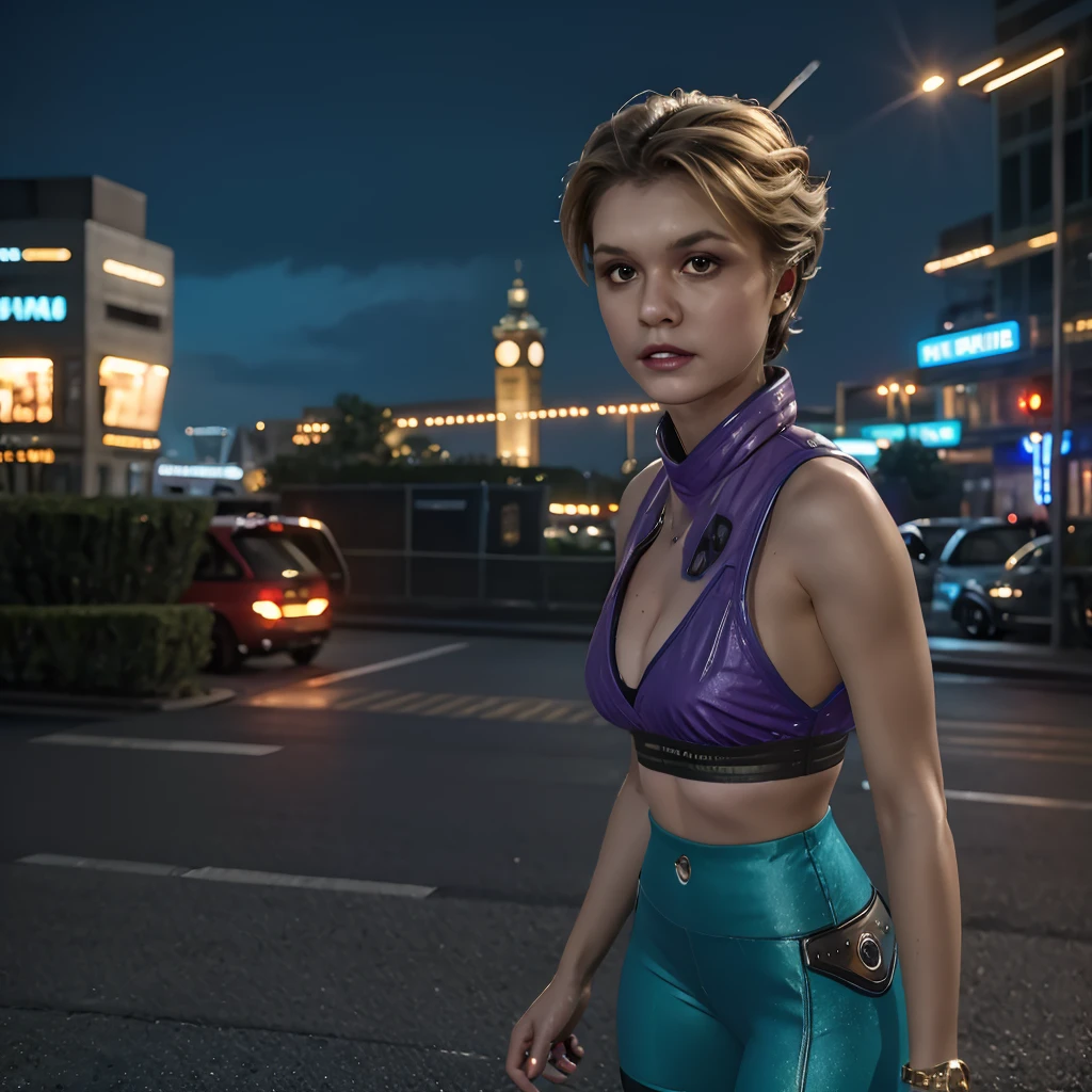 masterpiece, best quality, high quality, extremely detailed 32k unit an enchanting front view, A pretty 40 year old Blonde haired woman, she is standing out side Futuristic Building at night, she is wearing  teal leggings and a crop top, her hair is Choppy Bob hair style, she looks beautiful in the glow of the street lights,(best quality ,photorealistic)
